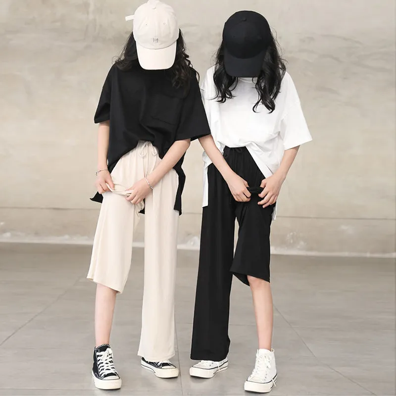 【120-170】セットアップ 無地 カジュアル シンプル 半袖 ワイドパンツ 女の子