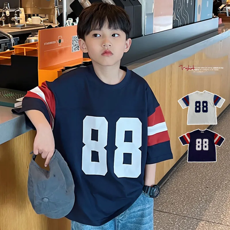【120-170cm】2色選べる 買わなきゃ損 スポーツ レトロ 配色 切り替え キッズ 男の子 半袖 トップス