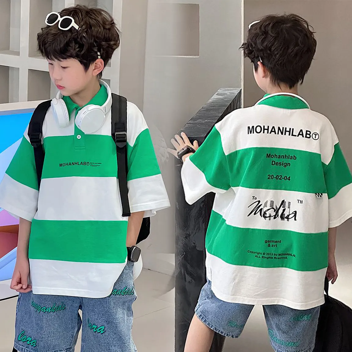 【120-160cm】大活躍 ファッション 定番 配色 ボーダー キッズ 男の子 夏用 POLO トップス