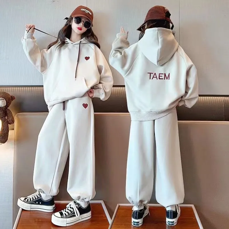 【120-170】韓国系 無地 刺繍 ゆったり パーカー＋パンツ  子供服 キッズ 女の子 ジュニア セットアップ スウェットセット