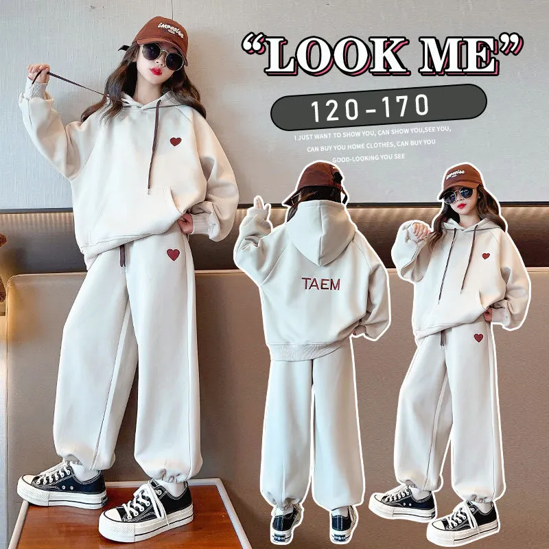 【120-170】韓国系 無地 刺繍 ゆったり パーカー＋パンツ  子供服 キッズ 女の子 ジュニア セットアップ スウェットセット