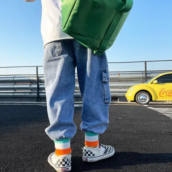 【100-150】おしゃれ 配色 プリント デニム アルファベット 韓国系 春 秋 子供服 ジュニア 男の子 キッズ パンツ ボトムス