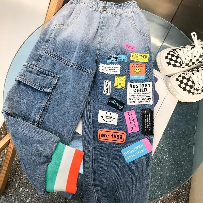 【100-150】おしゃれ 配色 プリント デニム アルファベット 韓国系 春 秋 子供服 ジュニア 男の子 キッズ パンツ ボトムス