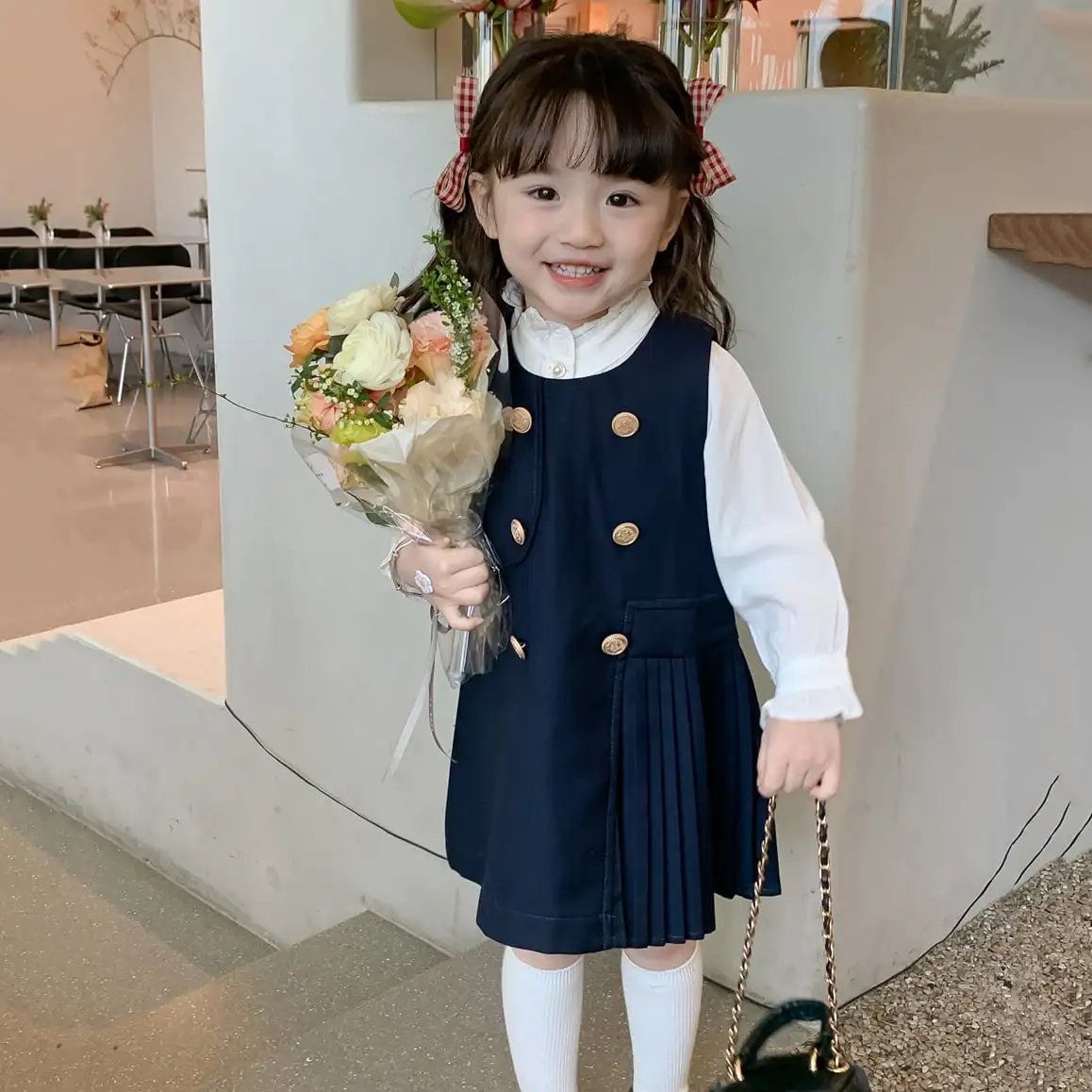 【90-140】単品注文「春新作」入学式ダブルブレストベストワンピース