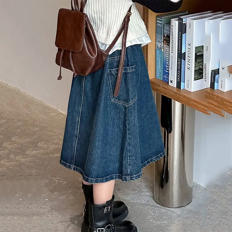 【120-150】「春新作」Aラインポケット付きデニムスカート