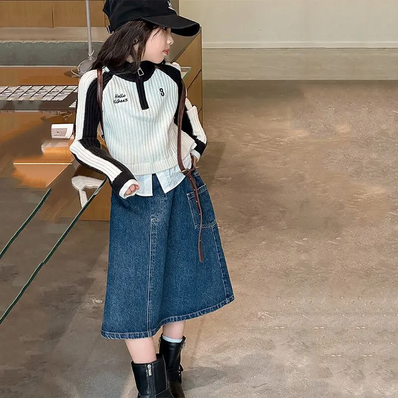 【120-150】「春新作」Aラインポケット付きデニムスカート