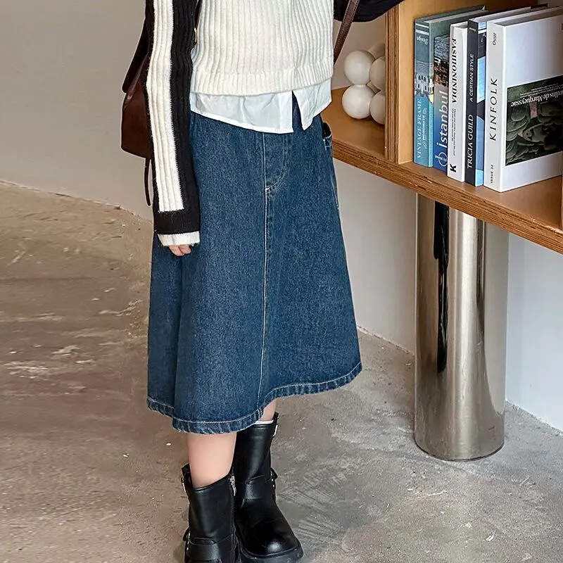 【120-150】「春新作」Aラインポケット付きデニムスカート