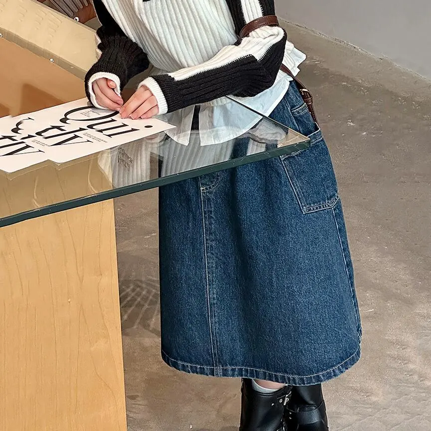 【120-150】「春新作」Aラインポケット付きデニムスカート