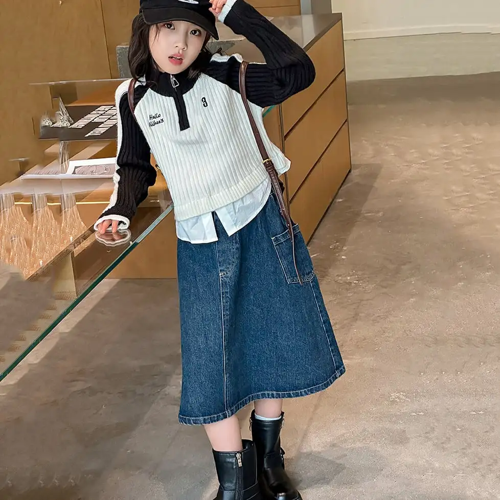 【120-150】「春新作」Aラインポケット付きデニムスカート