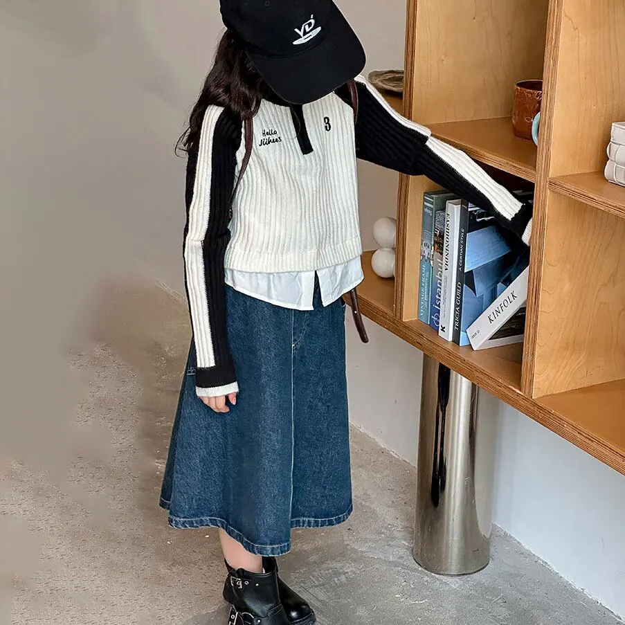 【120-150】「春新作」Aラインポケット付きデニムスカート