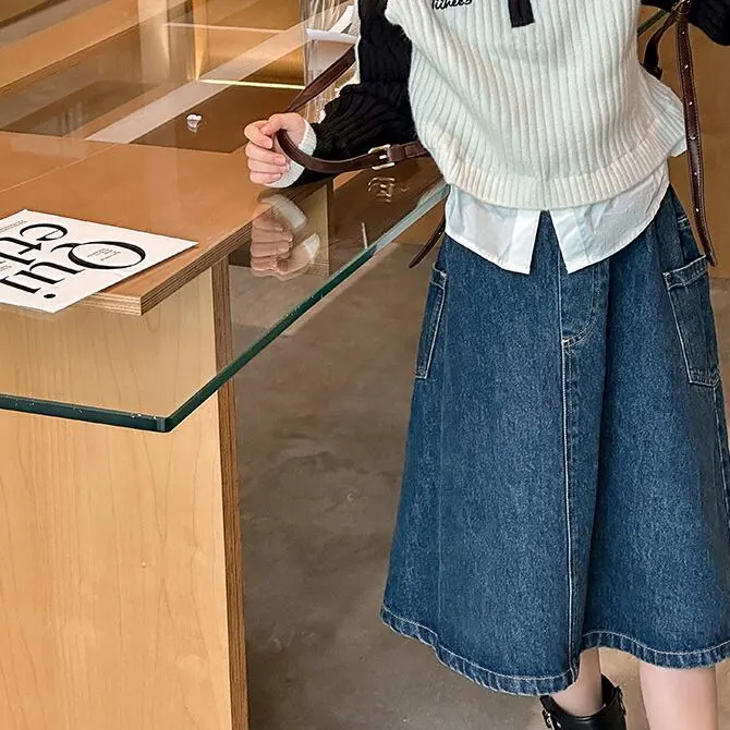 【120-150】「春新作」Aラインポケット付きデニムスカート