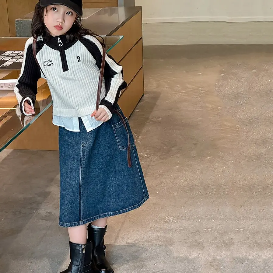 【120-150】「春新作」Aラインポケット付きデニムスカート