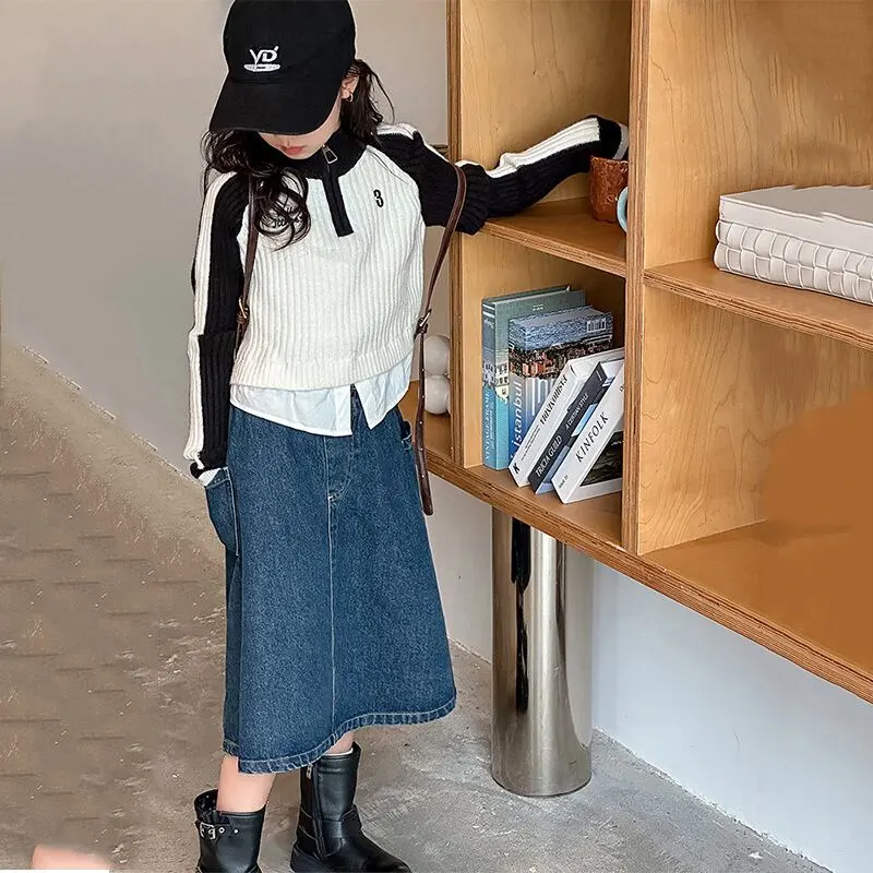 【120-150】「春新作」Aラインポケット付きデニムスカート