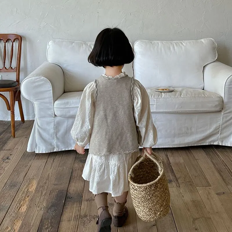 【80-140cm】春新作 品質満点 パフスリーブ レース ワンピース