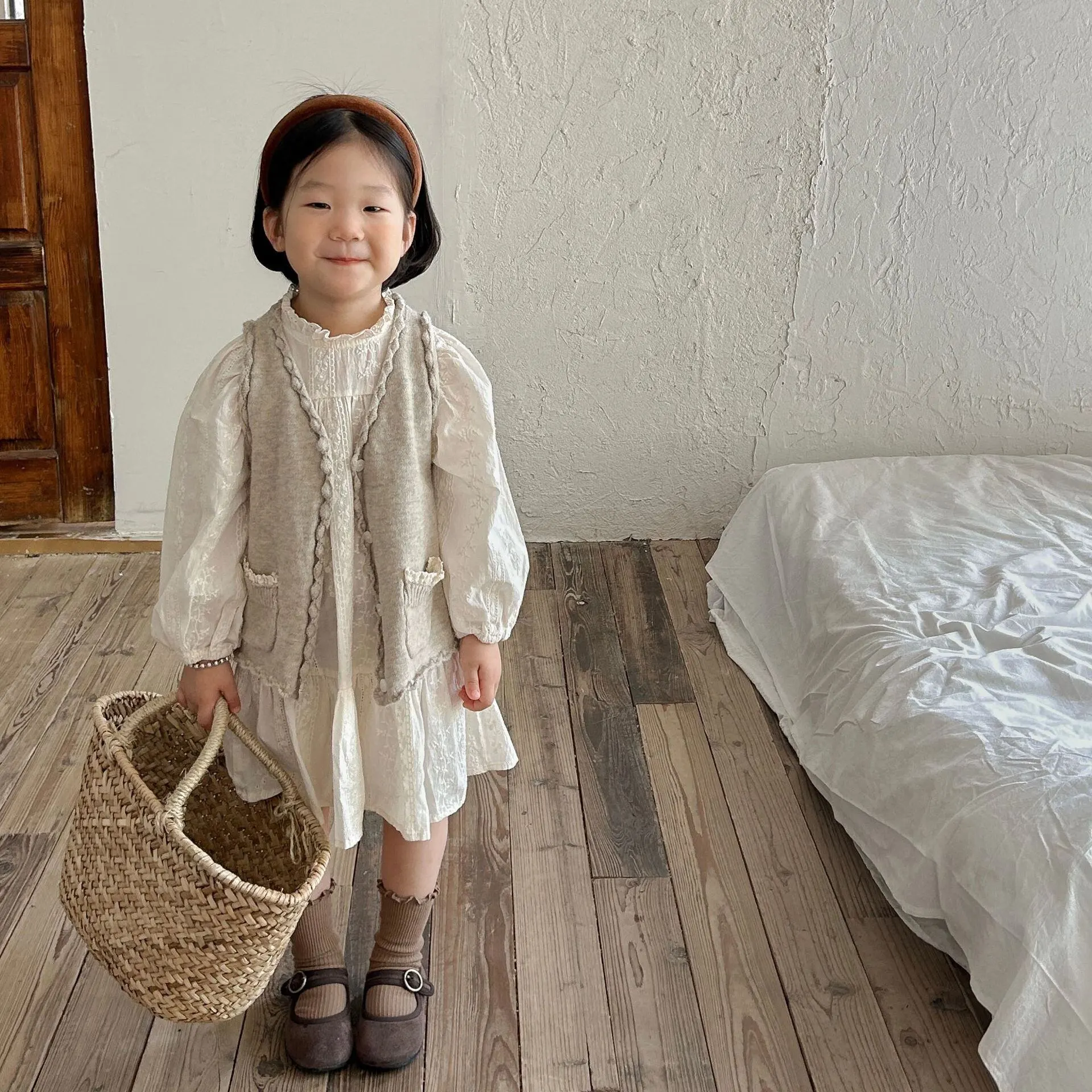 【80-140cm】春新作 品質満点 パフスリーブ レース ワンピース