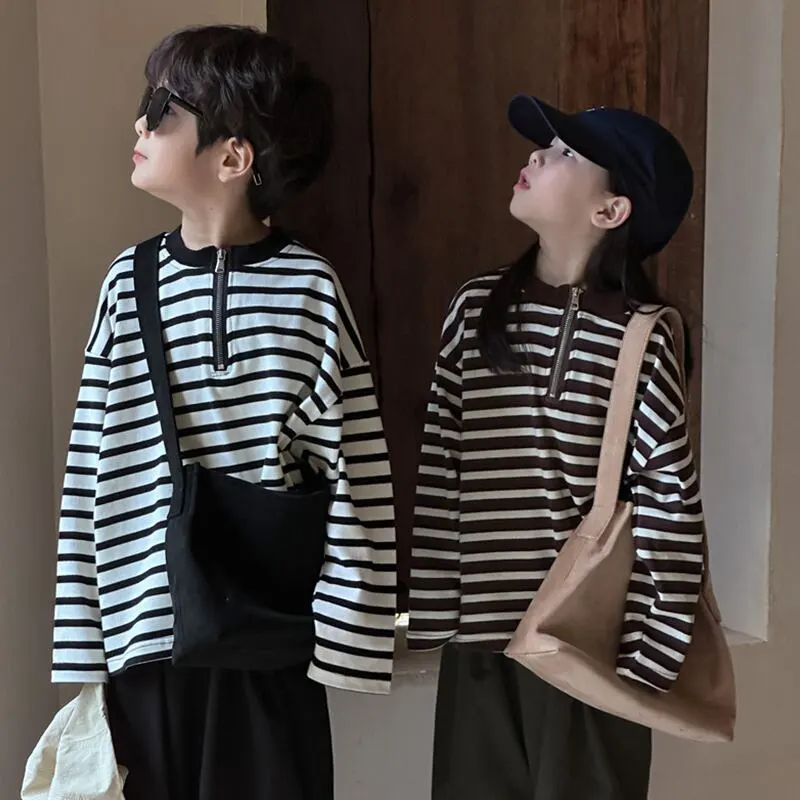 【90-140cm】ハーフ ジップ ボーダー 長袖 Ｔシャツ