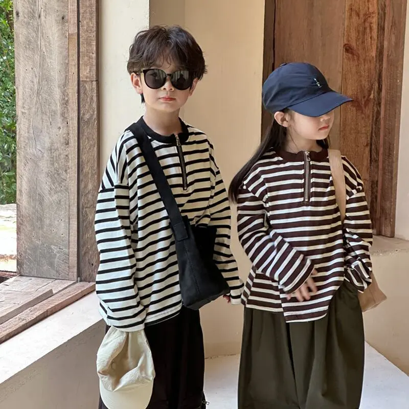 【90-140cm】ハーフ ジップ ボーダー 長袖 Ｔシャツ