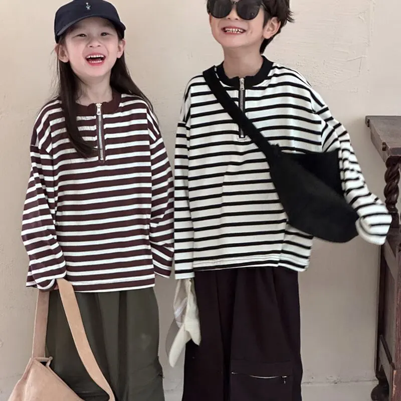 【90-140cm】ハーフ ジップ ボーダー 長袖 Ｔシャツ