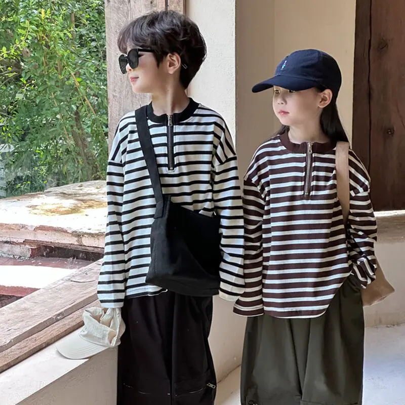 【90-140cm】ハーフ ジップ ボーダー 長袖 Ｔシャツ