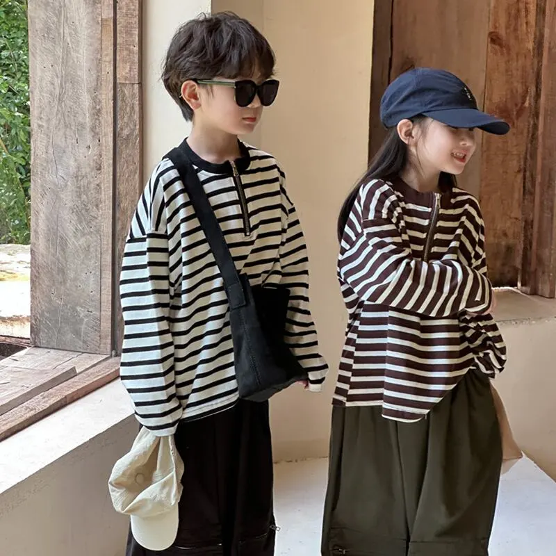 【90-140cm】ハーフ ジップ ボーダー 長袖 Ｔシャツ