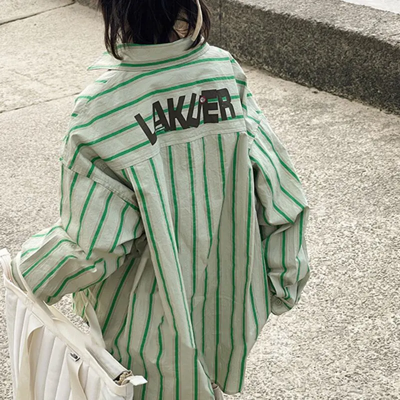 【90-160cm】春新作 グリーン ストライプ ビッグ シャツ