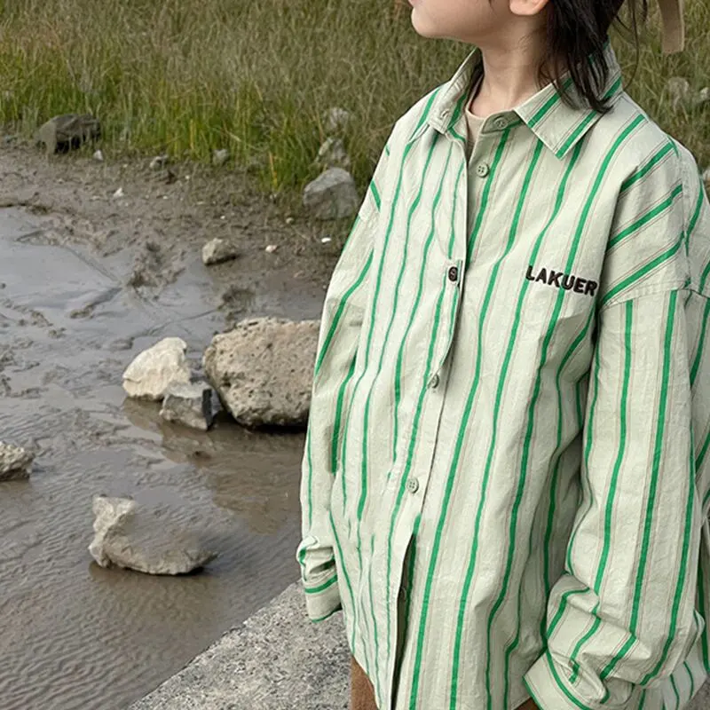 【90-160cm】春新作 グリーン ストライプ ビッグ シャツ