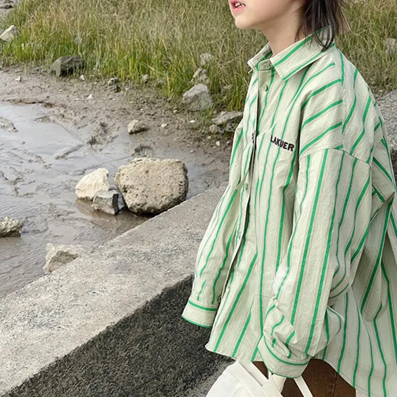 【90-160cm】春新作 グリーン ストライプ ビッグ シャツ