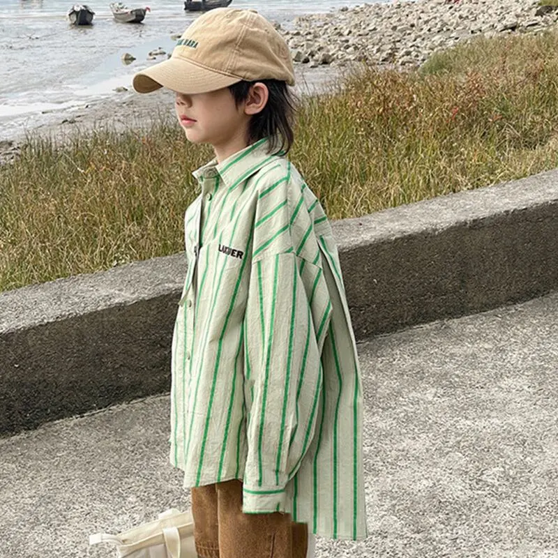【90-160cm】春新作 グリーン ストライプ ビッグ シャツ