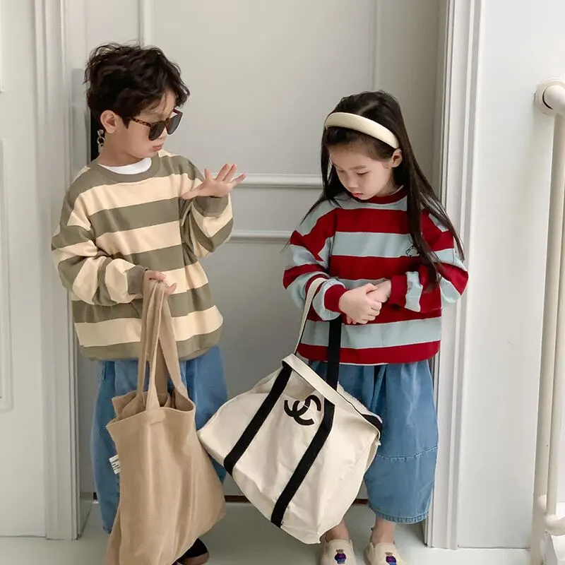 【80-140cm】春新作 ウサギバックプリント ボーダー トレーナー