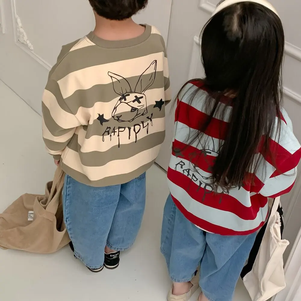 【80-140cm】春新作 ウサギバックプリント ボーダー トレーナー