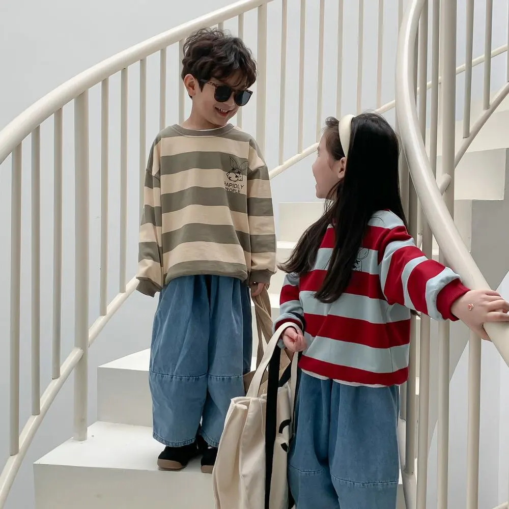 【80-140cm】春新作 ウサギバックプリント ボーダー トレーナー