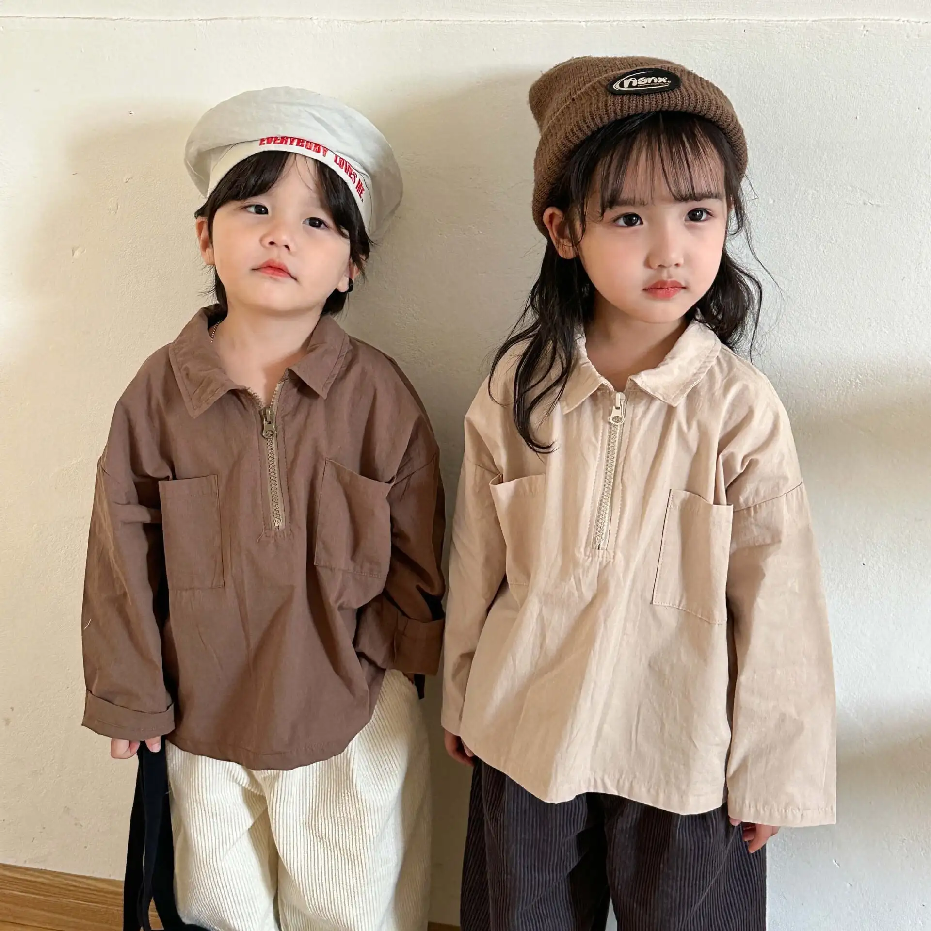 【80-150cm】春新作ハーフジッパーピュアカラーブラウス