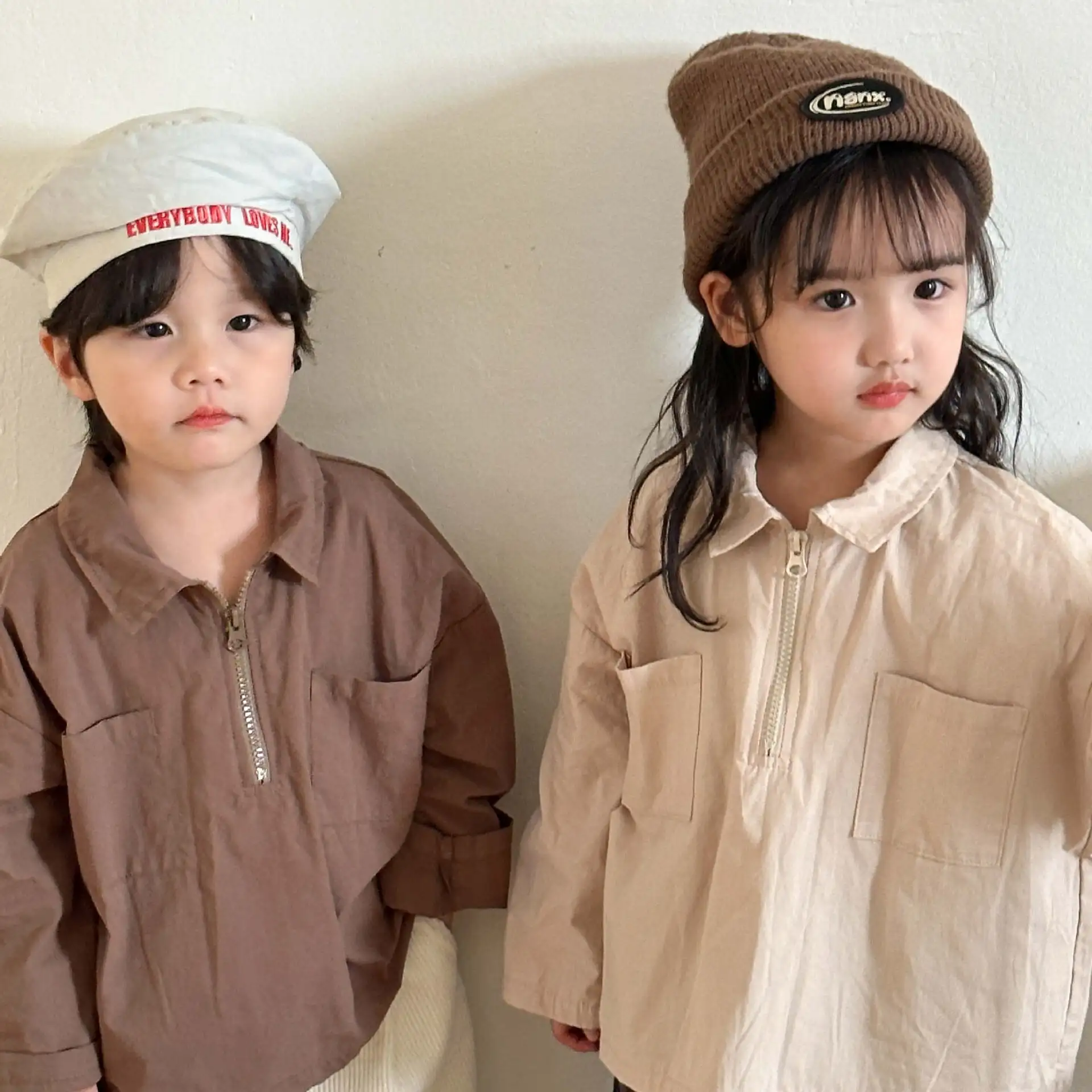 【80-150cm】春新作ハーフジッパーピュアカラーブラウス