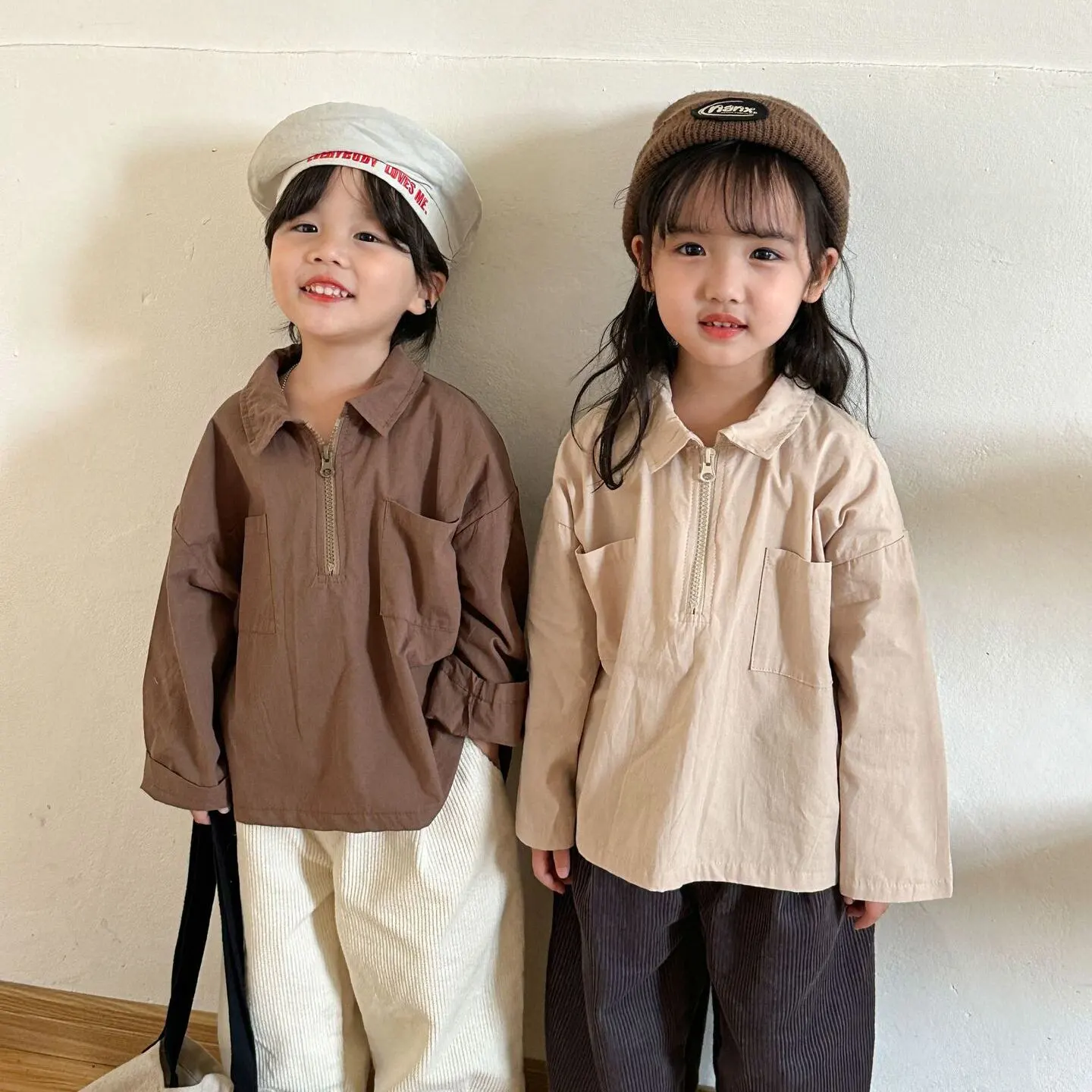 【80-150cm】春新作ハーフジッパーピュアカラーブラウス