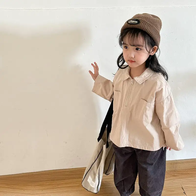 【80-150cm】春新作ハーフジッパーピュアカラーブラウス