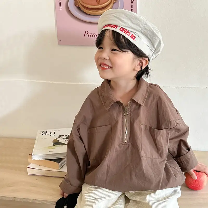 【80-150cm】春新作ハーフジッパーピュアカラーブラウス