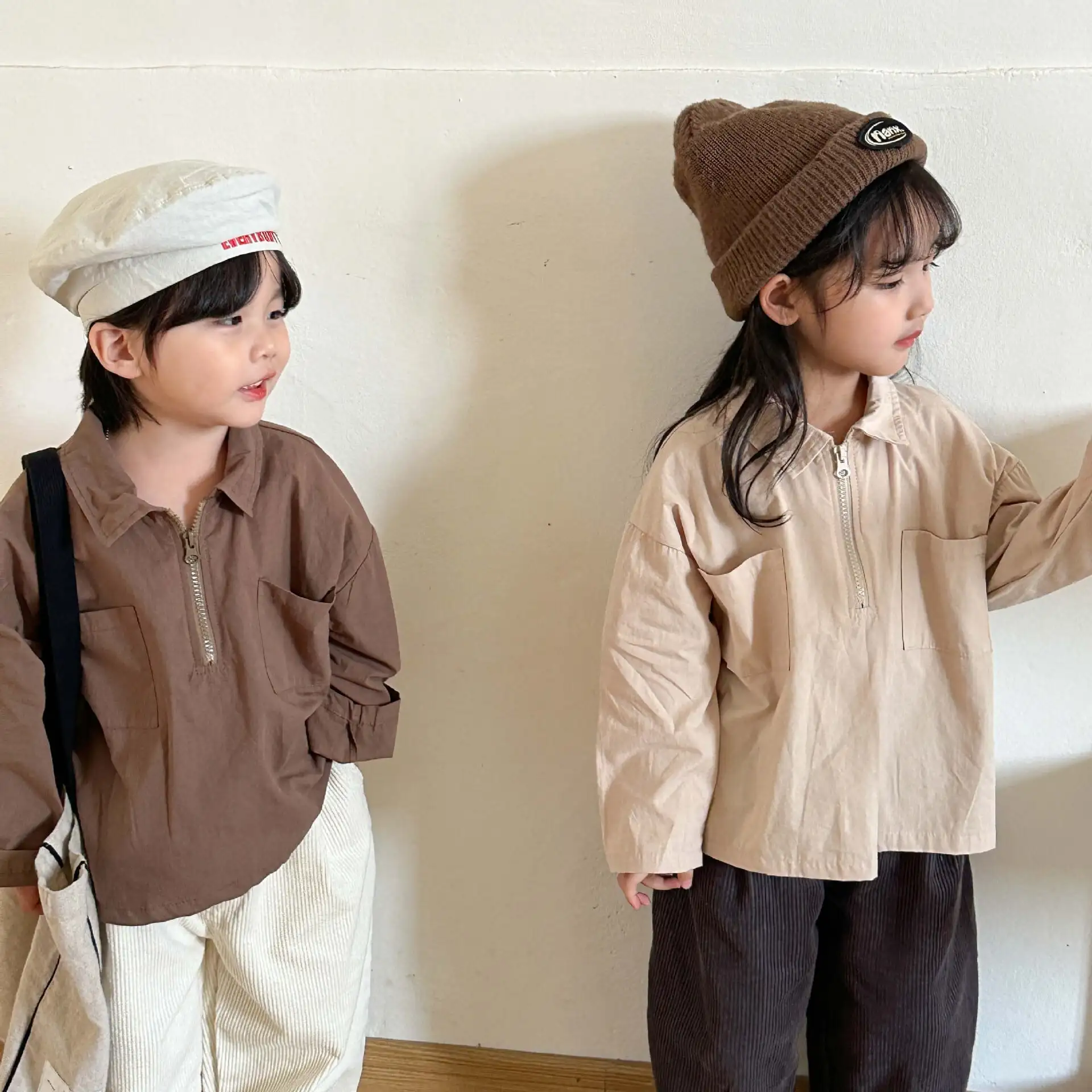 【80-150cm】春新作ハーフジッパーピュアカラーブラウス