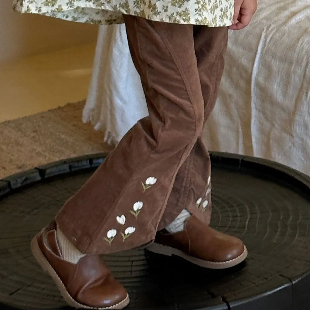 【90-140cm】春新作 花柄刺しゅう コーデュロイ フレアパンツ