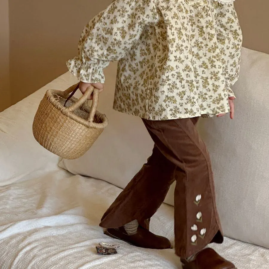 【90-140cm】春新作 花柄刺しゅう コーデュロイ フレアパンツ