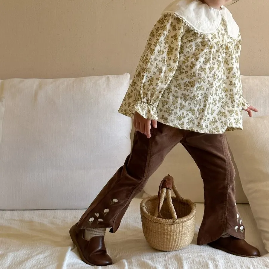 【90-140cm】春新作 花柄刺しゅう コーデュロイ フレアパンツ