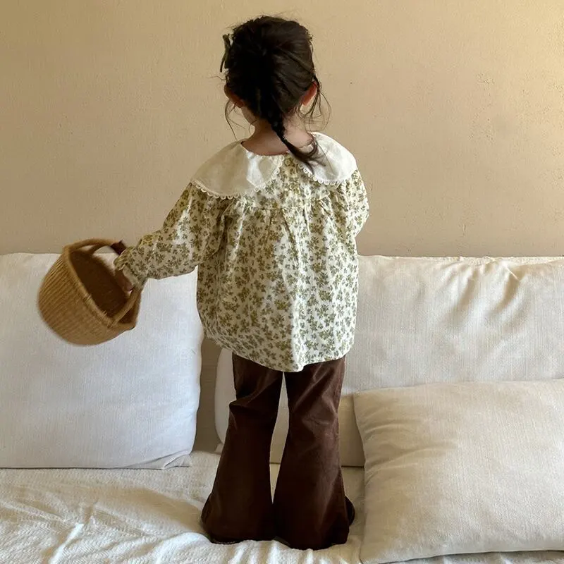 【90-140cm】春新作 花柄刺しゅう コーデュロイ フレアパンツ