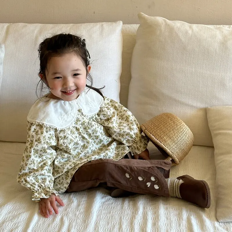 【90-140cm】春新作 花柄刺しゅう コーデュロイ フレアパンツ