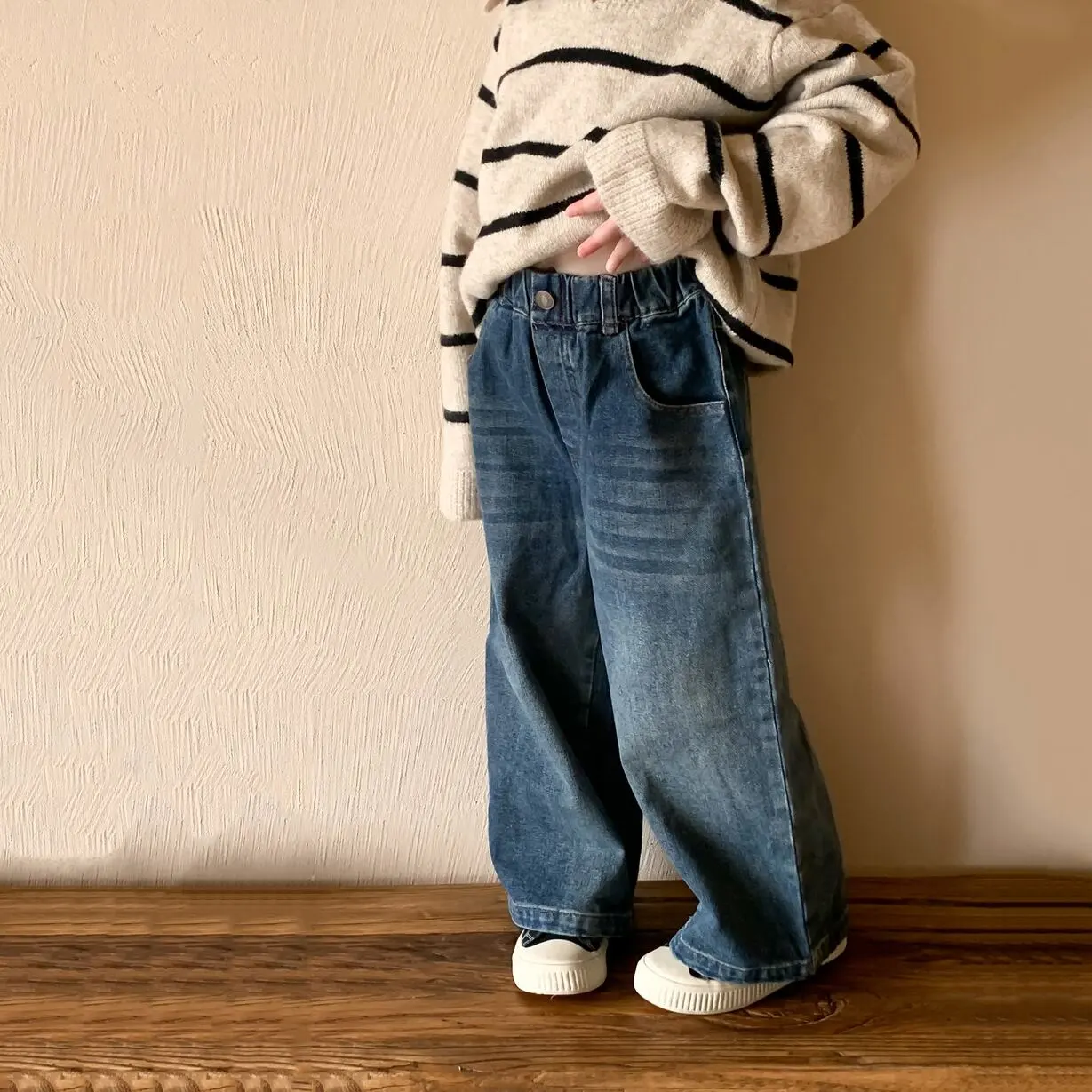 【90-150cm】春新作 レトロ カジュアル デニム ワイドパンツ