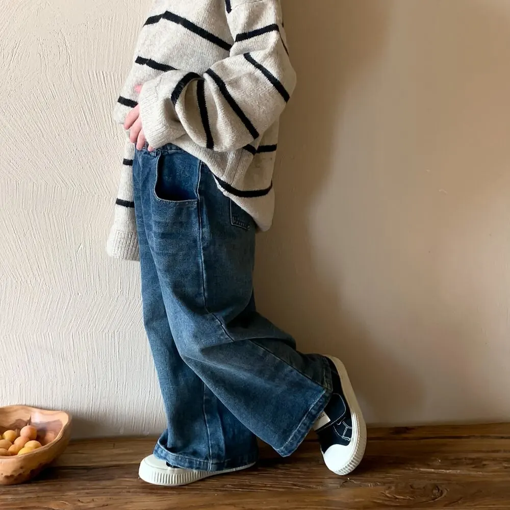 【90-150cm】春新作 レトロ カジュアル デニム ワイドパンツ