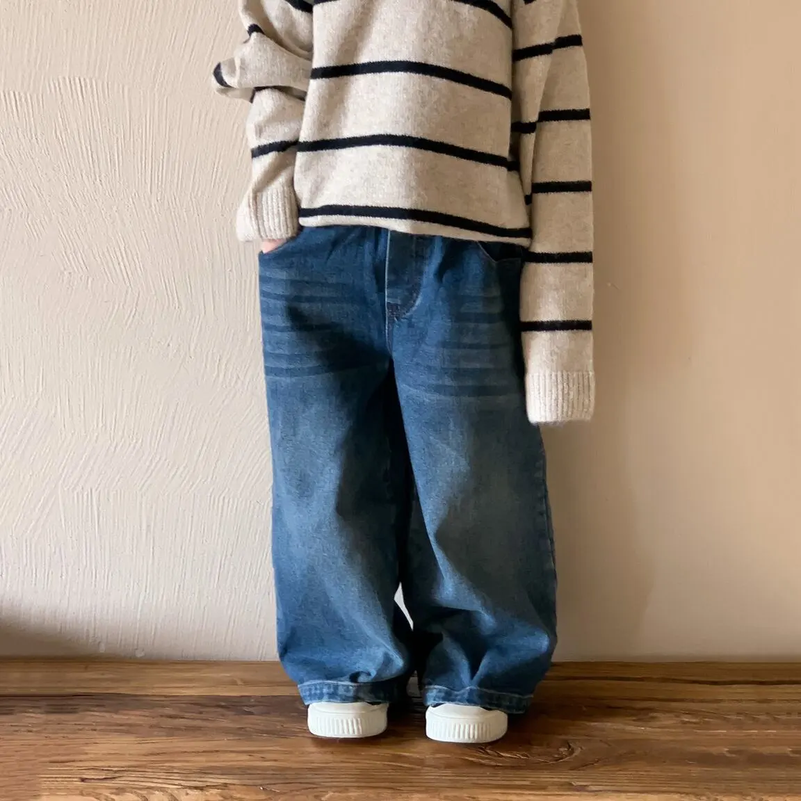 【90-150cm】春新作 レトロ カジュアル デニム ワイドパンツ