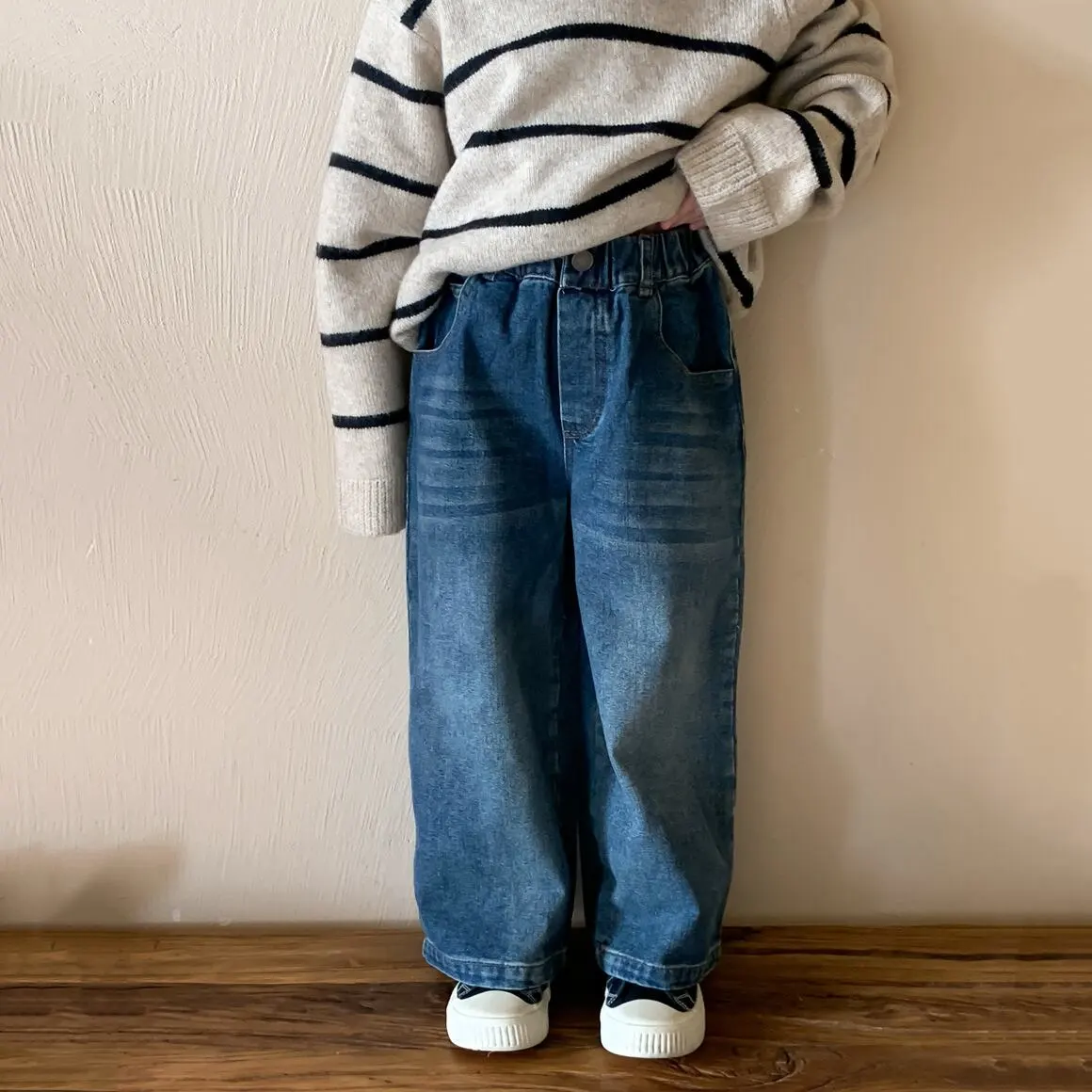 【90-150cm】春新作 レトロ カジュアル デニム ワイドパンツ