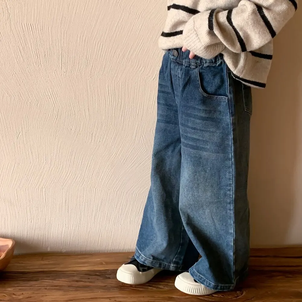 【90-150cm】春新作 レトロ カジュアル デニム ワイドパンツ