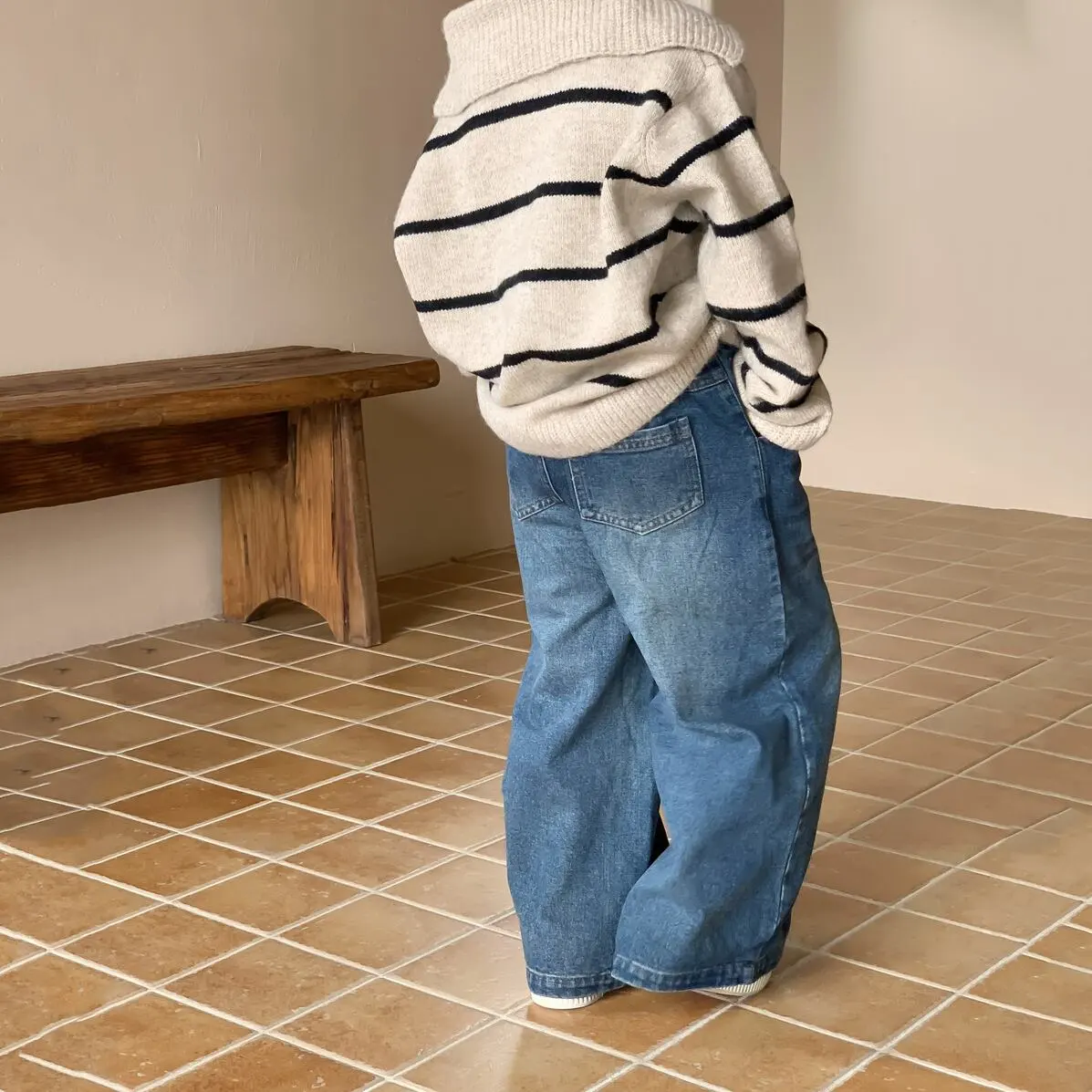 【90-150cm】春新作 レトロ カジュアル デニム ワイドパンツ