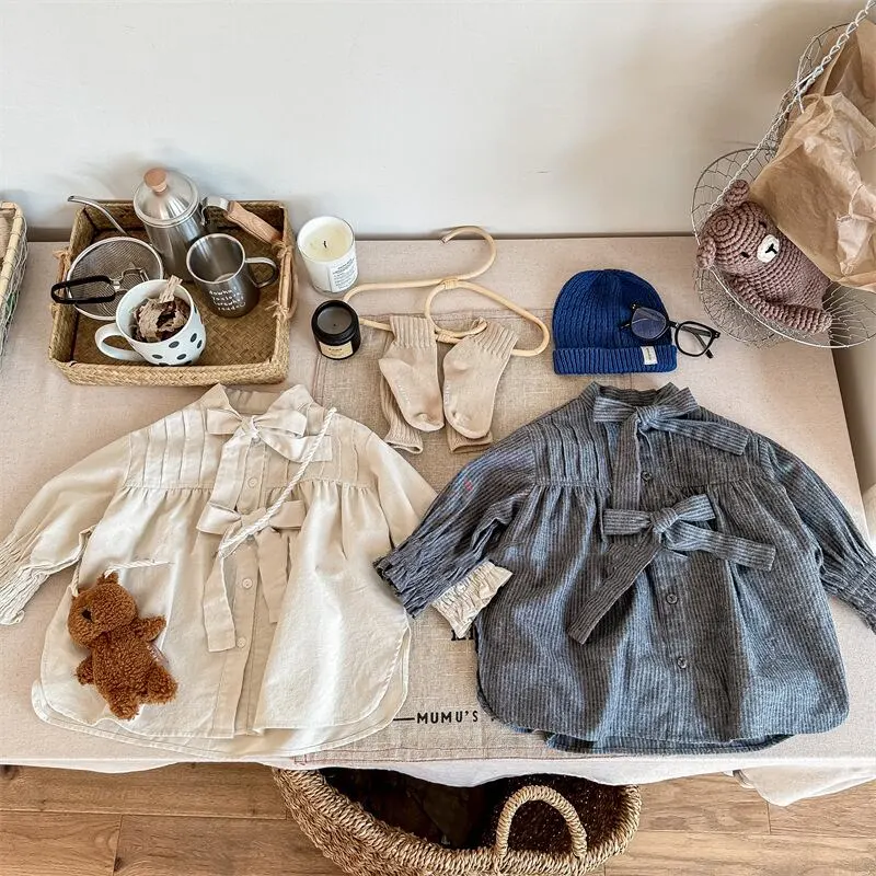 【80-130cm】春新作 リボン デザイン ルーズ シャツ