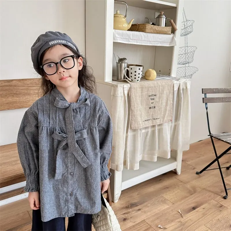 【80-130cm】春新作 リボン デザイン ルーズ シャツ